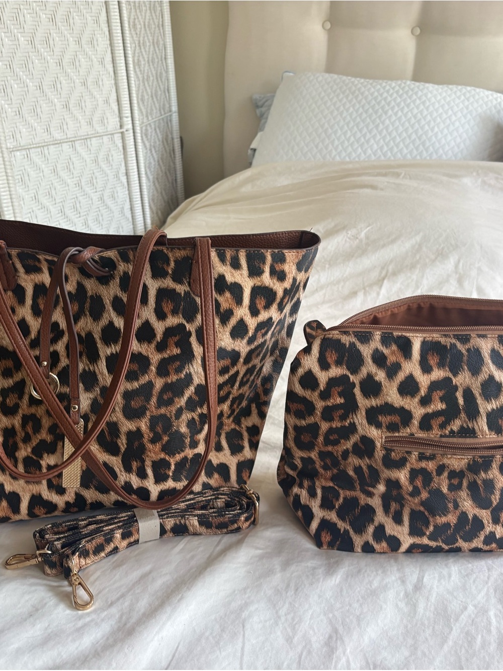 Leopard Print Tote and new Pouch Set - includes long strap